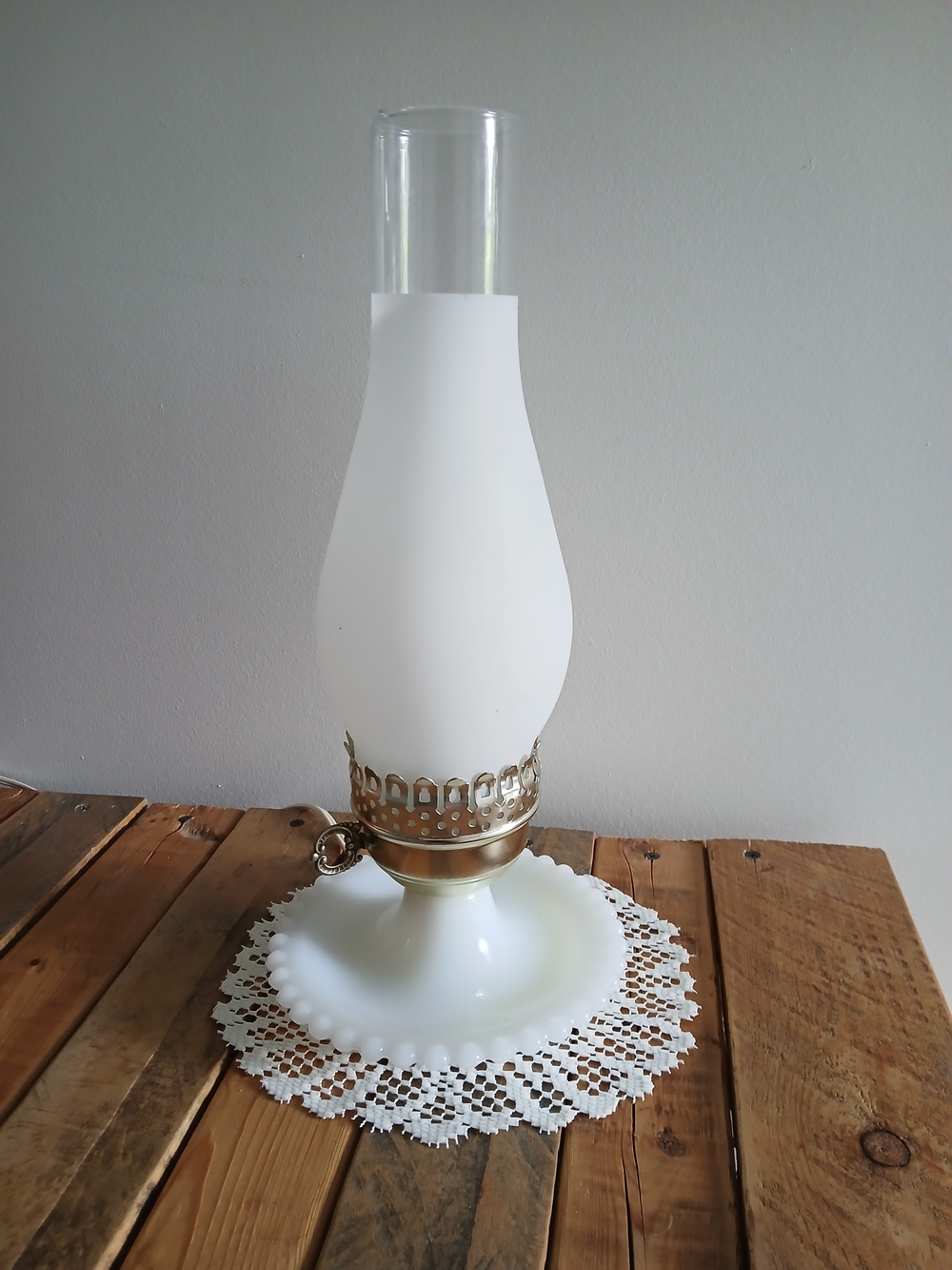 Classic White Milk Glass Hurricane Lamp with Brass Accent